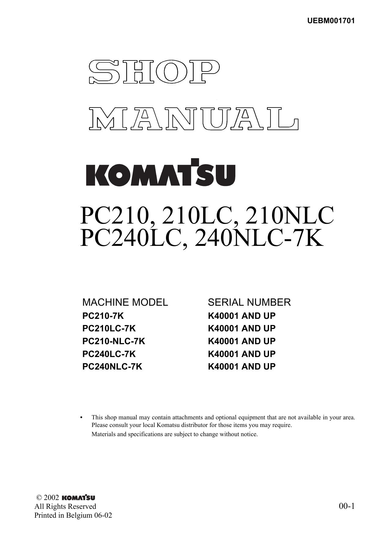 PC210-7K PC210LC-7K PC210-NLC-7K PC240LC-7K PC240NLC-7K Shop Manual